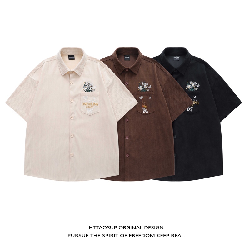 HTTAOSUP 2026 남성용 반팔 자수 코듀로이 셔 - Corduroy Button Up Shirt Men 리뷰 및 가격