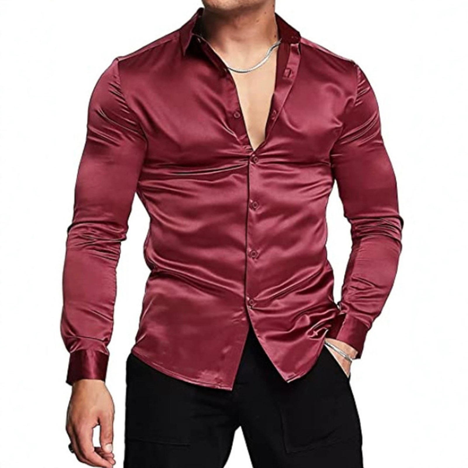남성용 핑크 실크 새틴 럭셔리 드레스 셔츠, 슬림 긴팔 - Mens Satin Silk Dress Shirt 리뷰 및 가격