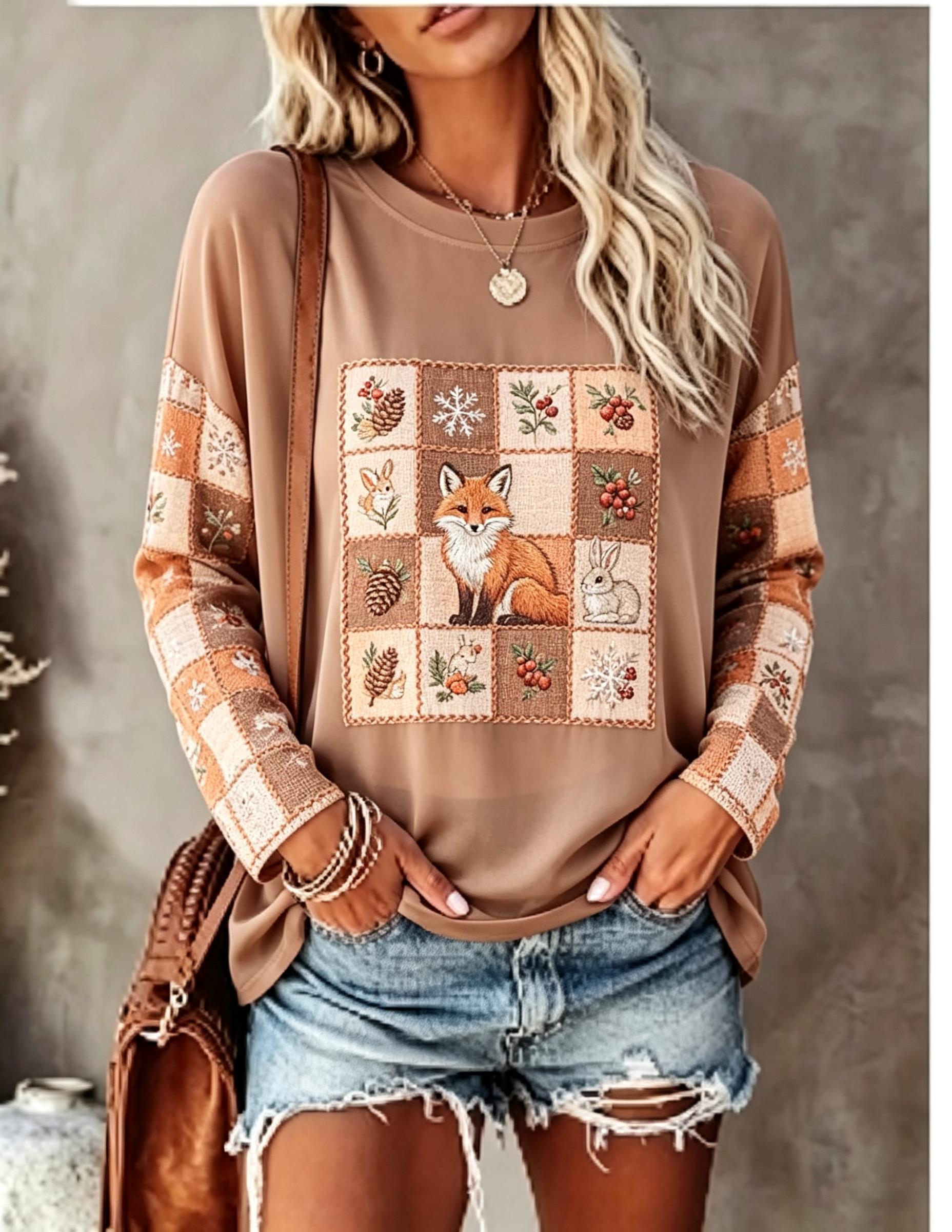 여성용 긴팔 티셔츠, 여우와 토끼 패치워크, 격자무늬, - T-Shirts 리뷰 및 가격