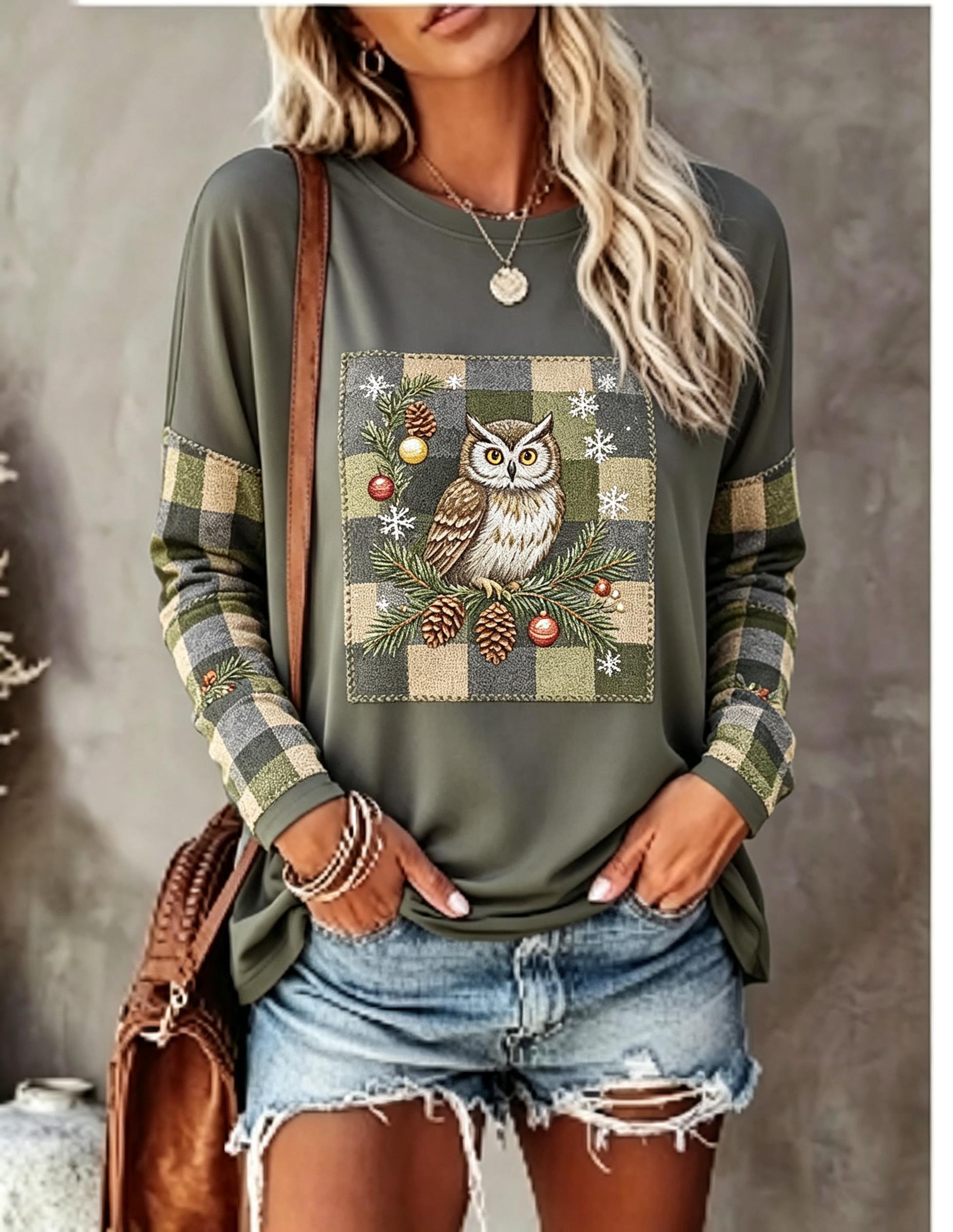 여성용 긴팔 티셔츠, 여우와 토끼 패치워크, 격자무늬, - T-Shirts 리뷰 및 가격